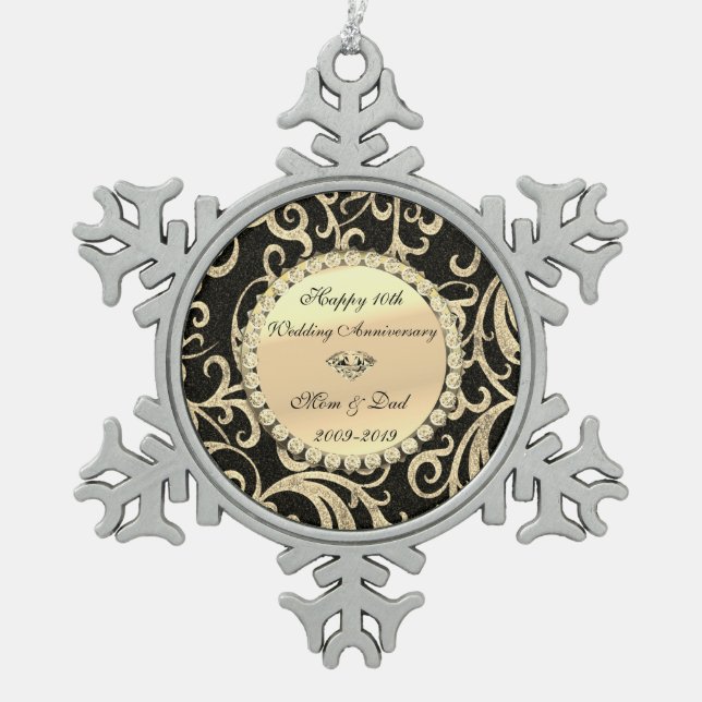 Ornement Flocon De Neige Diamants Gold Swirls 10e anniversaire de Mariage (Devant)