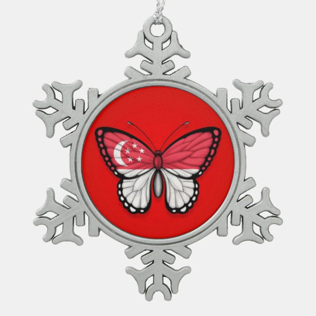 Ornement Flocon De Neige Drapeau de papillon de Singapour sur le rouge (Devant)