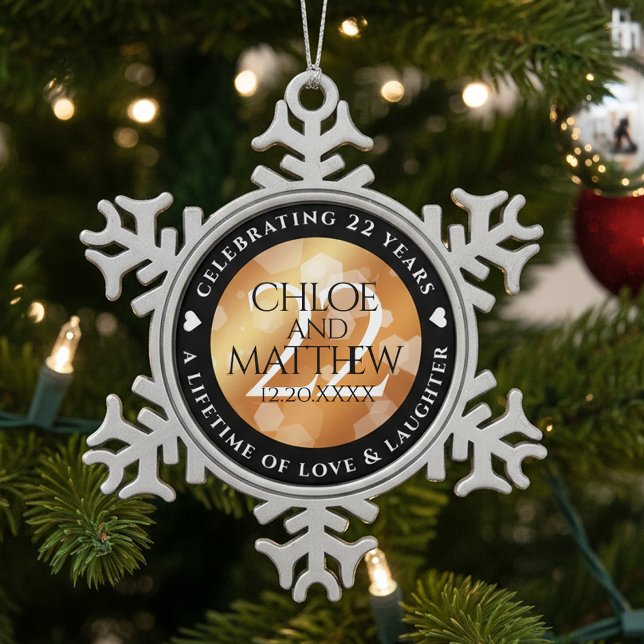Ornement Flocon De Neige Élégant 22e anniversaire de Mariage de cuivre (22nd Copper Wedding Anniversary Snowflake Pewter Ornament Cover Photo)