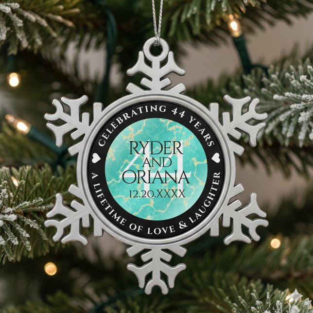 Ornement Flocon De Neige Élégant 44ème anniversaire de Mariage turquoise (44th Turquoise Wedding Anniversary Snowflake Pewter Ornament Cover Photo)