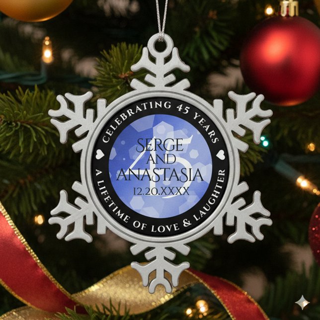 Ornement Flocon De Neige Élégant 45e anniversaire de Mariage Sapphire (45th Sapphire Wedding Anniversary Snowflake Pewter Ornament Cover Photo)