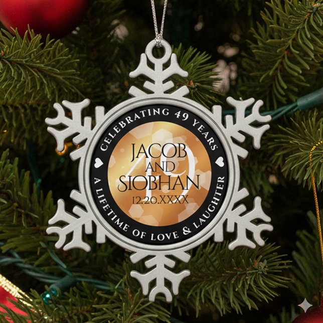 Ornement Flocon De Neige Élégant 49ème anniversaire de Mariage de cuivre (49th Copper Wedding Anniversary Snowflake Pewter Ornament Cover Photo)