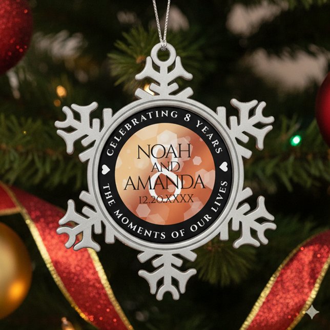 Ornement Flocon De Neige Élégant 8ème anniversaire de Mariage de bronze (8th Bronze Wedding Anniversary Snowflake Pewter Ornament Cover Photo)