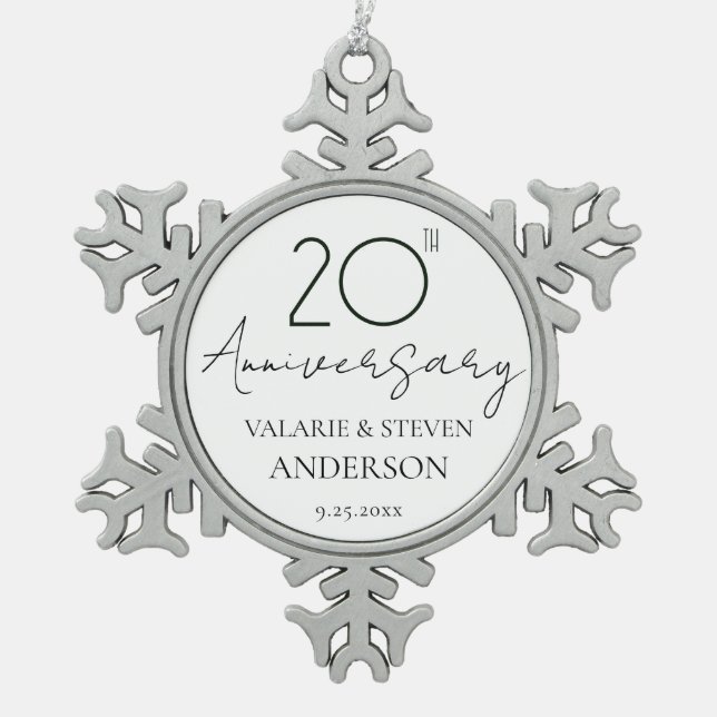 Ornement Flocon De Neige Élégant minimal 20e anniversaire Mariage céramique (Devant)