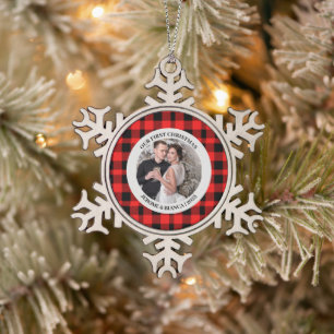 Ornement Flocon De Neige Élégant Rouge Plaid Premier Noël Couple photo