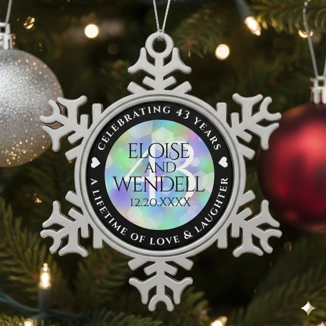 Ornement Flocon De Neige Élégante 43ème anniversaire du Mariage Opal (43rd Opal Wedding Anniversary Snowflake Pewter Ornament Cover Photo)