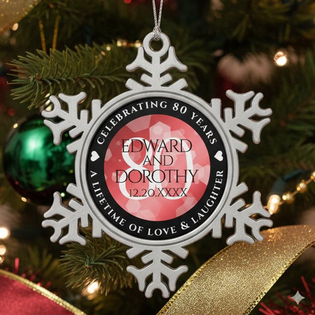 Ornement Flocon De Neige Elégante 80ème anniversaire du Mariage de Ruby (80th Ruby Wedding Anniversary Snowflake Pewter Ornament Cover Photo)