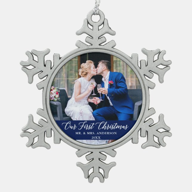 Ornement Flocon De Neige Élégante calligraphie Notre premier Noël bleu (Devant)