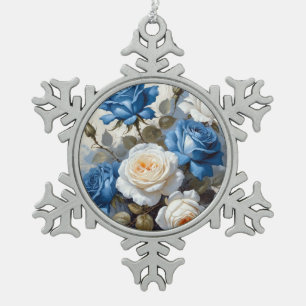 Ornement Flocon De Neige Empreinte florale bleu et blanc