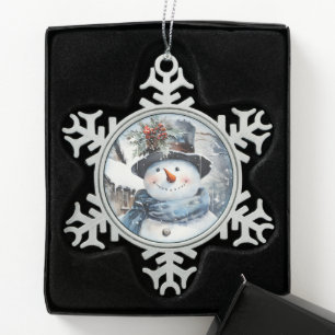 Ornement Flocon De Neige Face de bonhomme de neige bleu et blanc