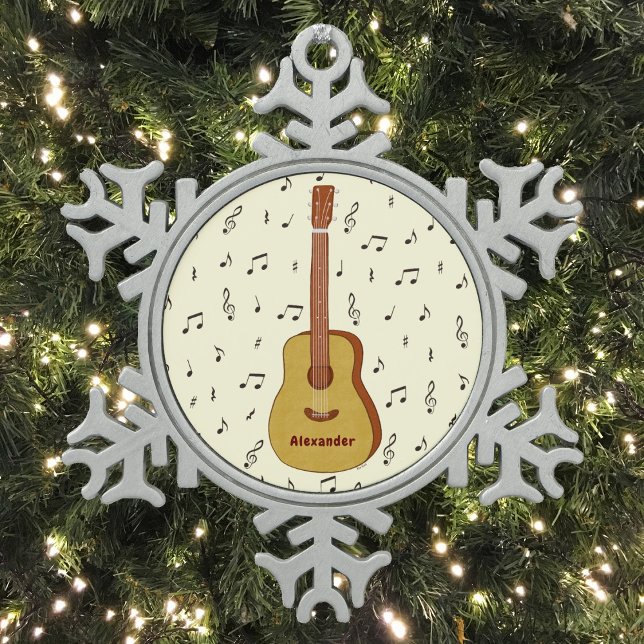 Ornement Flocon De Neige Festif Guitariste Musique Amoureux Design (Guitar With Music Notes Personalized Snowflake Pewter Christmas Ornament)