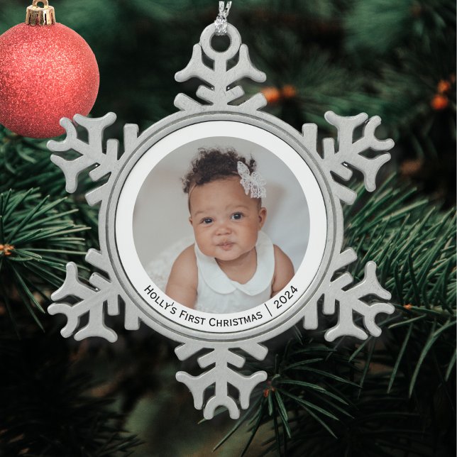 Ornement Flocon De Neige Festive Elegant Photo Baby's First Christmas (A pretty Christmas decoration for Baby's First Christmas to personalize with a photo, name and year)