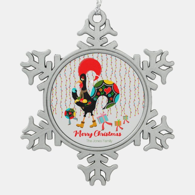 Ornement Flocon De Neige Feux de Noël, baubles, cadeaux et coq (Devant)