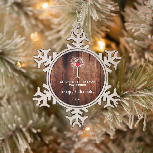 Ornement Flocon De Neige First Christmas together love tree rustic wood (Arbre)
