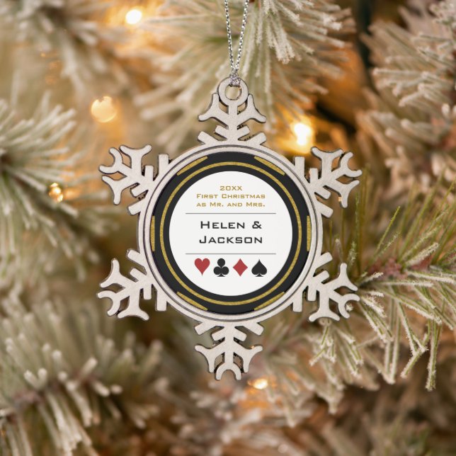 Ornement Flocon De Neige Gold Black Poker Chip Premier Noël Mr & Mrs. (Arbre)
