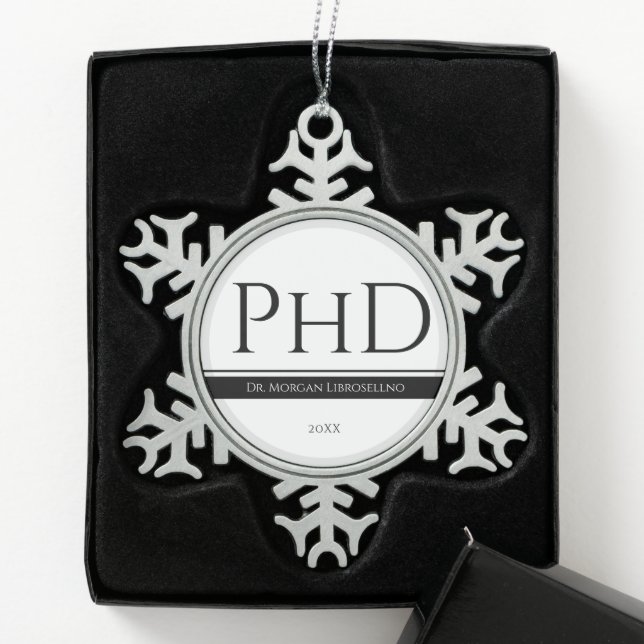 Ornement Flocon De Neige Graduation Blanc Noir Gris Nom Année PhD (Boîte)