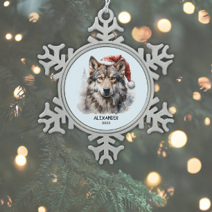 Ornement Flocon De Neige Gray Wolf Santa Hat Personnalisé