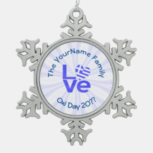 Ornement Flocon De Neige Grèce Drapeau Cœur Bleu AMOUR Personnalisé