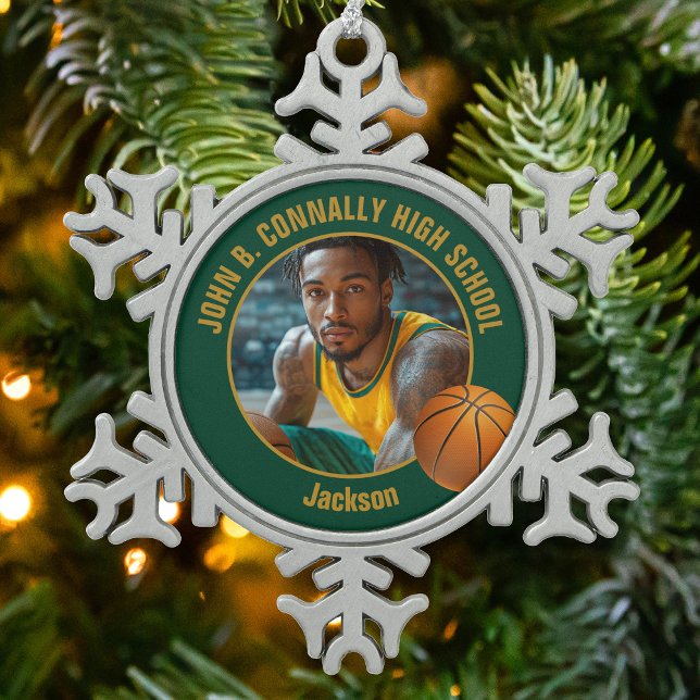 Ornement Flocon De Neige Green Gold Basketball Player Photo (Créateur téléchargé)