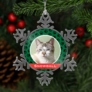 Ornement Flocon De Neige Green Pet Paw Prints Personalized Cat Name Photo
