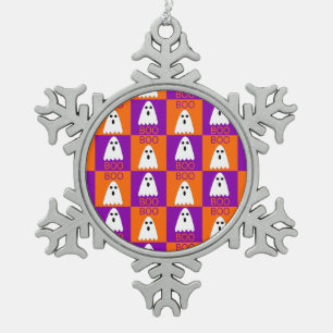 Ornement Flocon De Neige Halloween Boo Ghost Purple et Carrés orange