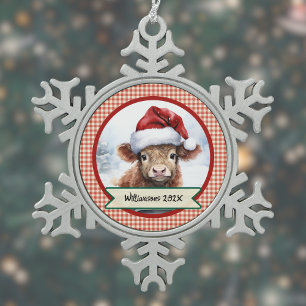 Ornement Flocon De Neige Highland Cow Cute Santa Hat En vichy Nom de Noël