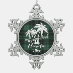 Ornement Flocon De Neige Hollywood Beach Florida Palm Green Plaid