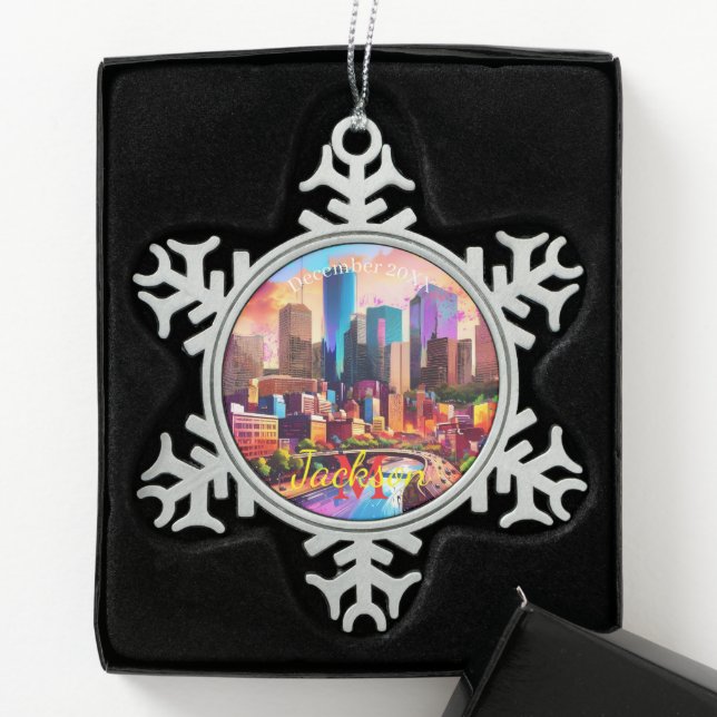 Ornement Flocon De Neige Houston Skyline Abstrait Art (Boîte)