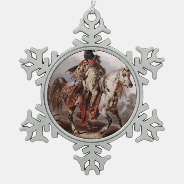 Ornement Flocon De Neige Indien Blackfoot sur le cheval Arabe étant chassé (Devant)