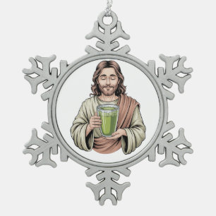 Ornement Flocon De Neige Jésus tenant une Matcha Green Drink Christian