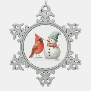 Ornement Flocon De Neige Joli Bonhomme de Neige avec Oiseau Scène de Noël d