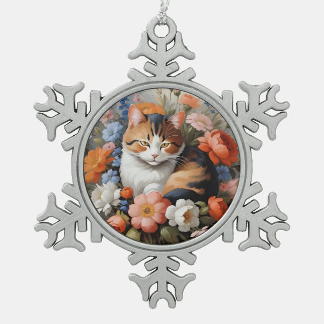 Ornement Flocon De Neige Joli chat calico et fleurs (Devant)