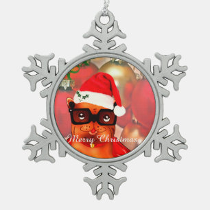 Ornement Flocon De Neige Joli Chien de père Noël avec chapeau de santa