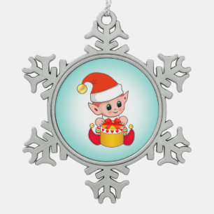 Ornement Flocon De Neige Joli elfe de Noël sur fond bleu sarcelle