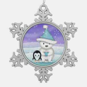 Ornement Flocon De Neige Joli ours polaire et manchot