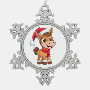 Ornement Flocon De Neige Joli Poney de Dessin Animé avec Chapeau et Écharpe