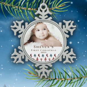 Ornement Flocon De Neige Jolie photo de bébé au premier Noël forêt pastel