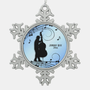 Ornement Flocon De Neige Joueur de basse bleu Nom personnel et date