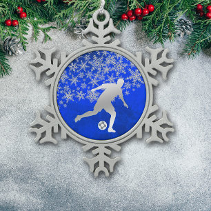 Ornement Flocon De Neige Joueur de soccer Silver Snowflake sur Blue