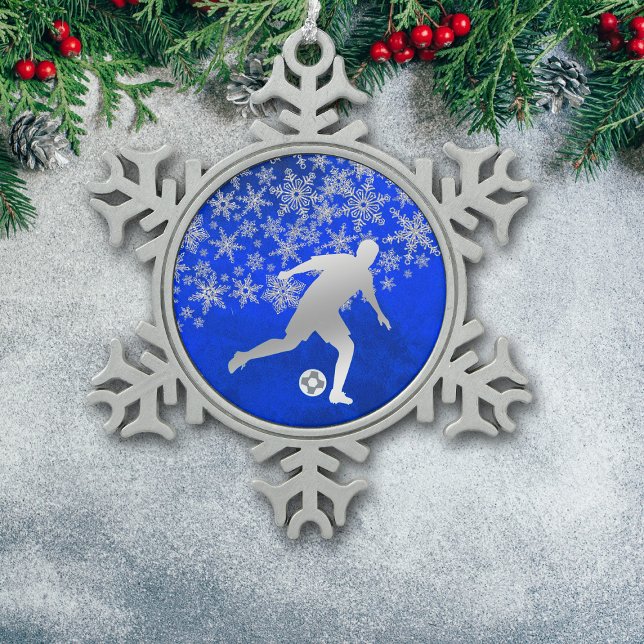 Ornement Flocon De Neige Joueur de soccer Silver Snowflake sur Blue (Créateur téléchargé)