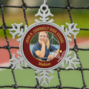 Ornement Flocon De Neige Joueur de tennis Maroon Gold Photo Lycée