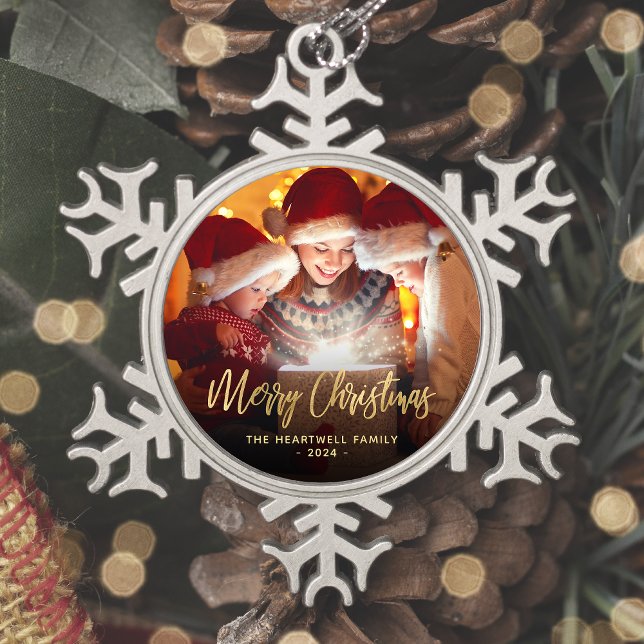 Ornement Flocon De Neige Joyeux Noël Famille Photo Élégant Script Or (Créateur téléchargé)