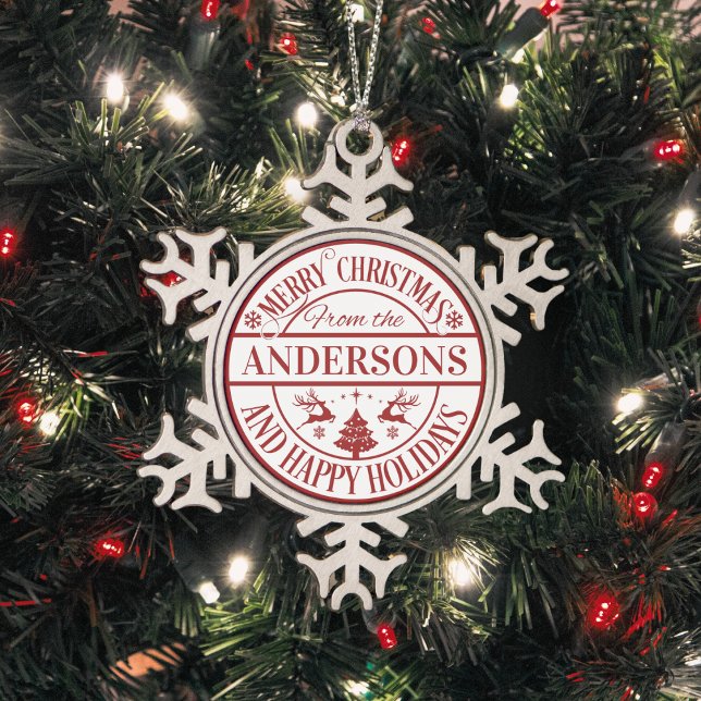 Ornement Flocon De Neige Joyeux Noël personnalisé Nom de famille traditionn (Merry Christmas Family Name Traditional Snowflake Pewter Christmas Ornament - Just add your name!)