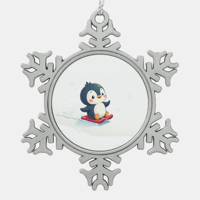 Ornement Flocon De Neige Joyful Kawaii Penguin Sledding Christmas (Devant)