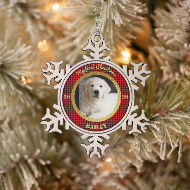 Ornement Flocon De Neige La première photo de Noël d'un chiot personnalisé (Arbre)