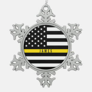 Ornement Flocon De Neige Ligne jaune mince nom décoré d'un monogramme