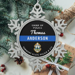 Ornement Flocon De Neige Logo personnalisé en ligne bleue mince Officier de<br><div class="desc">Ligne Bleue Mince Police Département Ornement de Noël - Police Drapeaux couleurs, design moderne noir et bleu. Customisez avec le logo de votre ministère et personnalisez avec le nom, le titre, le logo du ministère et le numéro d'insigne des policiers. Ce vêtement personnalisé d'application de la loi est parfait pour...</div>