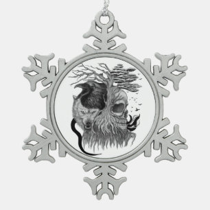 Ornement Flocon De Neige Loup et corbeau avec crâne