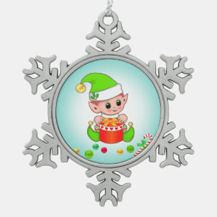 Ornement Flocon De Neige Lutin de Noël, canne en bonbon et confettis sur fo