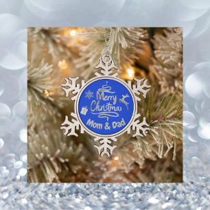 Ornement Flocon De Neige Maman et papa Joyeux Noël en argent sur bleu